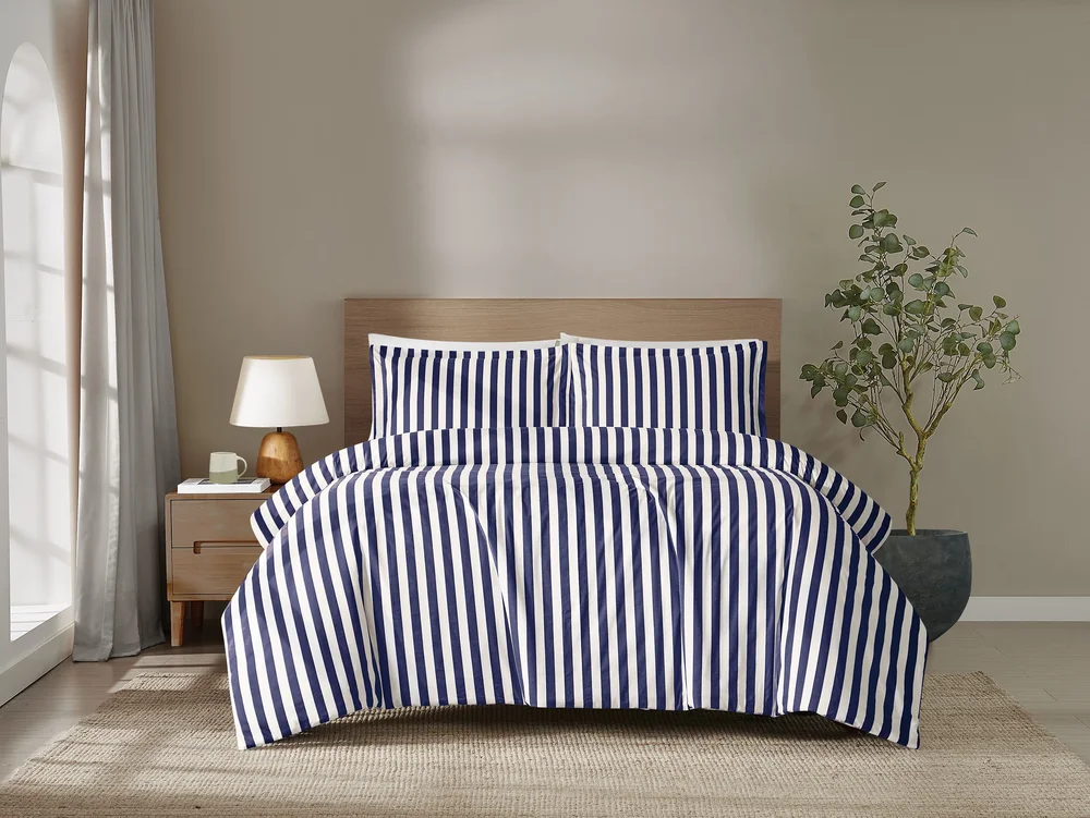 Levi Stripe Duvet Set, Queen, White/Navy