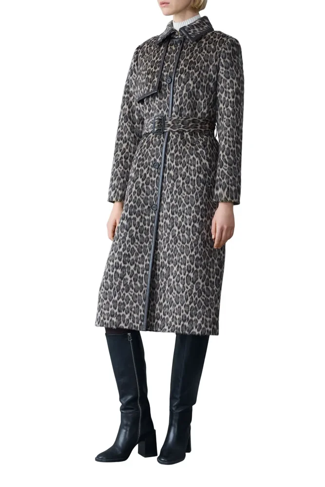 Zeva-A Leopard Pattern Wool Blend & Leather Trench Coat
