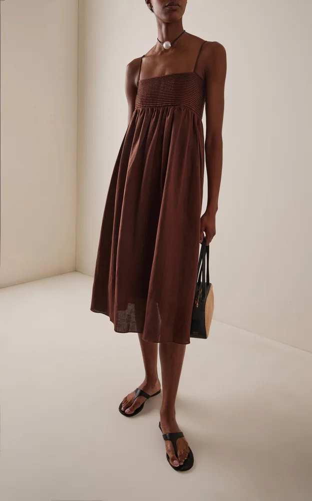 Pintuck Linen-Blend Midi Dress