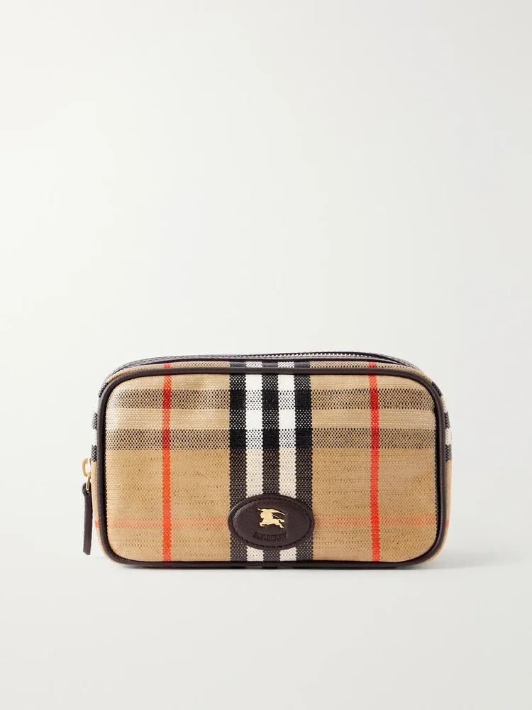 Leather-trimmed checked coated-canvas pouch