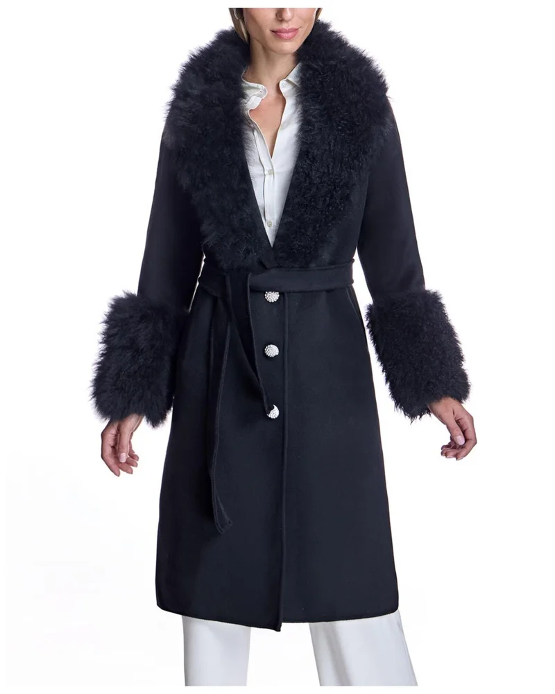 Belted Wool Coat with Rhinestone Button