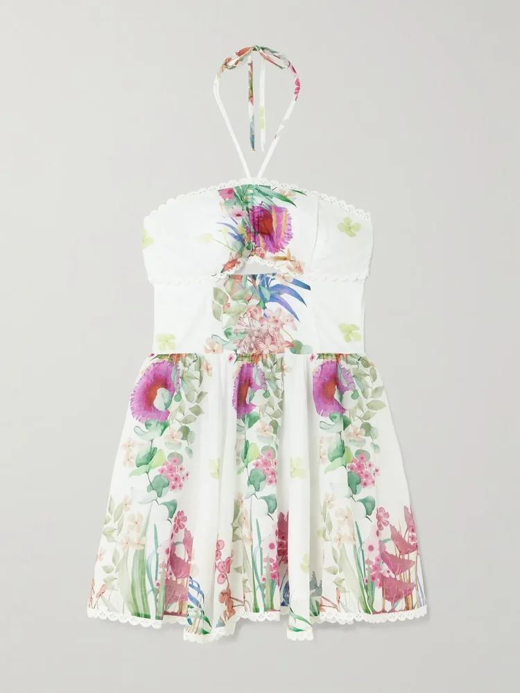 Alheli lace-trimmed cutout floral-print cotton-blend voile halterneck mini dress