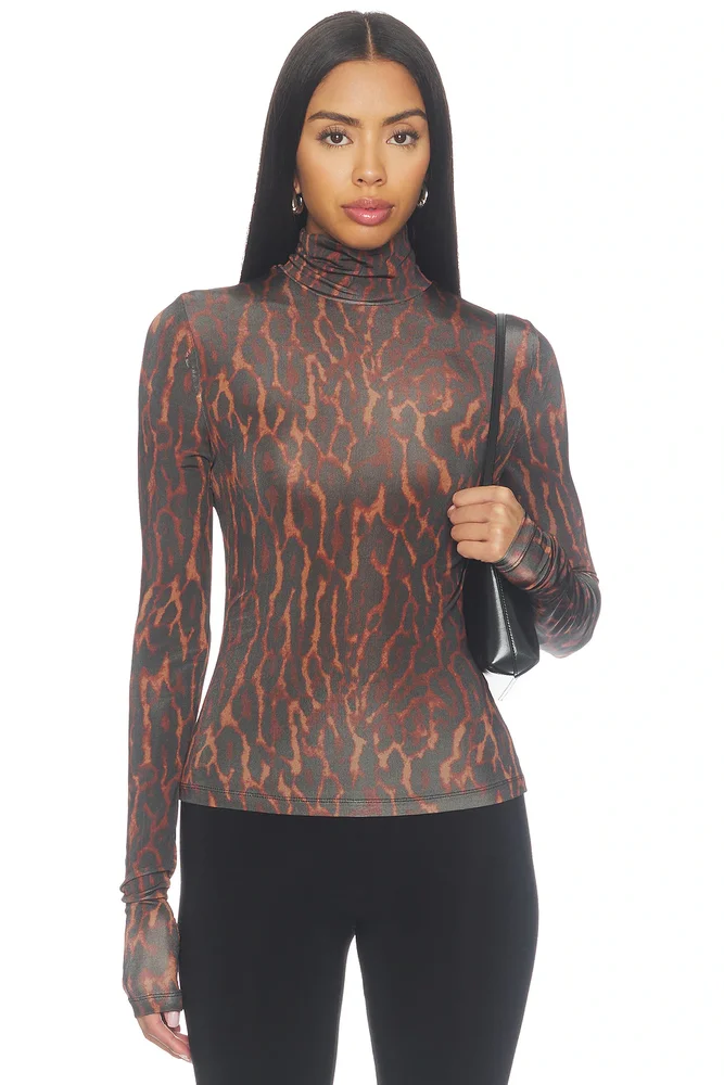 Printed Shiny Jersey Turtleneck Top