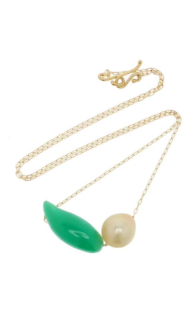 Bean 18K Yellow Gold Pearl, Chrysoprase Necklace
