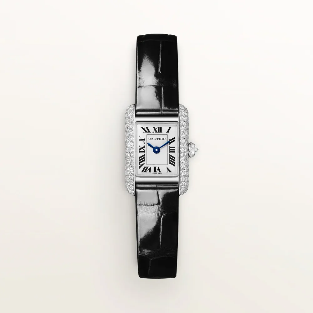Tank Louis Cartier Watch Mini, Quartz Movement, White Gold, Diamonds, Leather