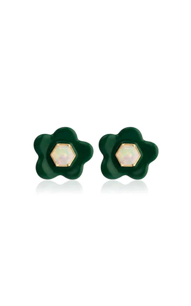 Flower Exagonal 9K Yellow Gold, 925 Silver, White Opal Enamel Earrings