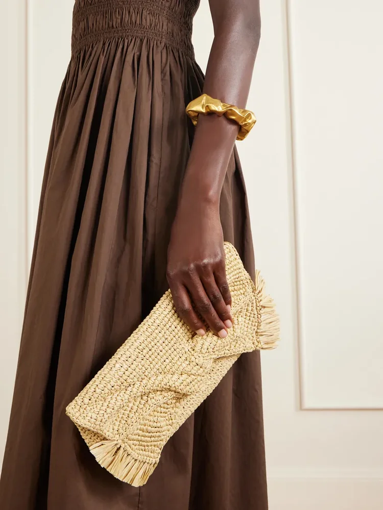 Bow leather-trimmed raffia clutch