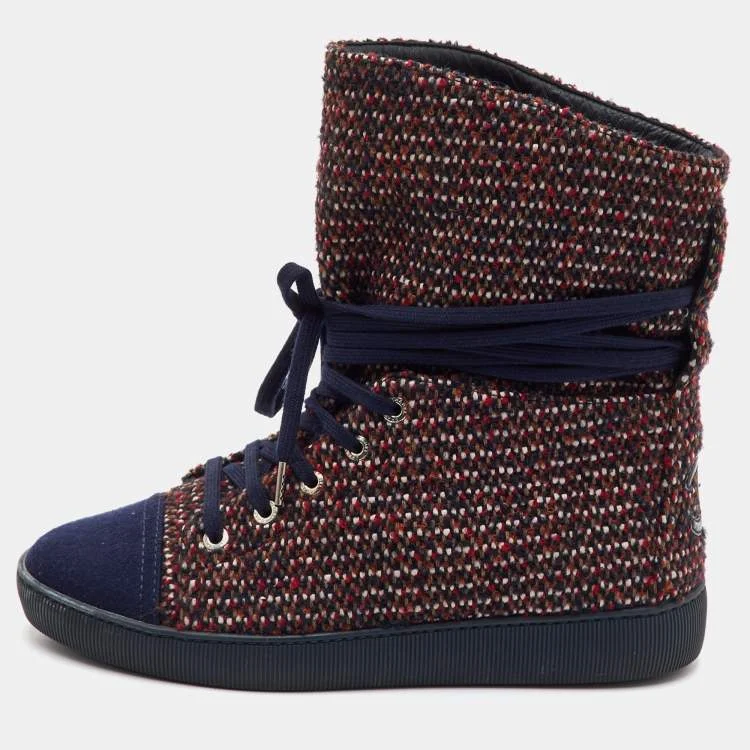 Chanel Interlocking CC Size 37 Navy Blue Tweed Lace Up Ankle Length Boots