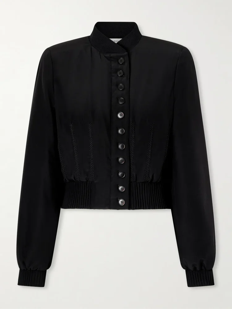 Embroidered silk crepe de chine bomber jacket