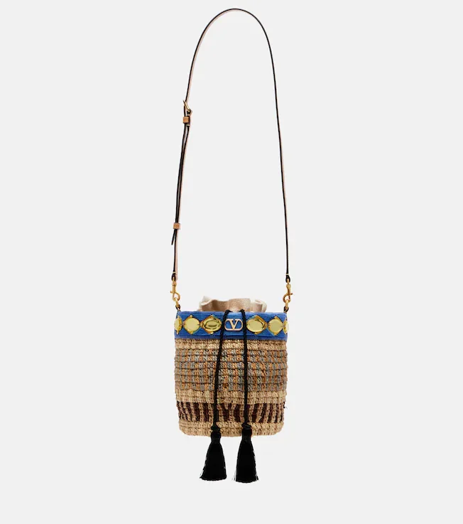 VLogo Small embellished raffia-effect bucket bag