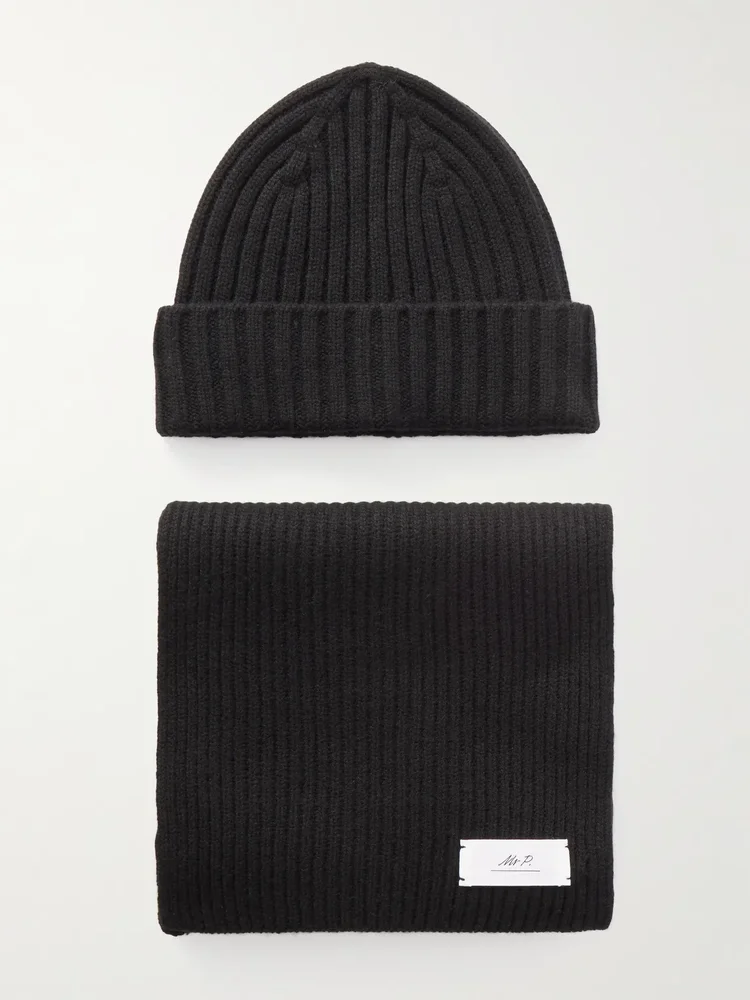 Ribbed Cashmere Beanie and Scarf Set