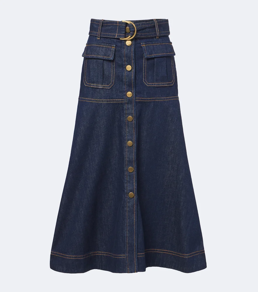 Belted denim midi skirt
