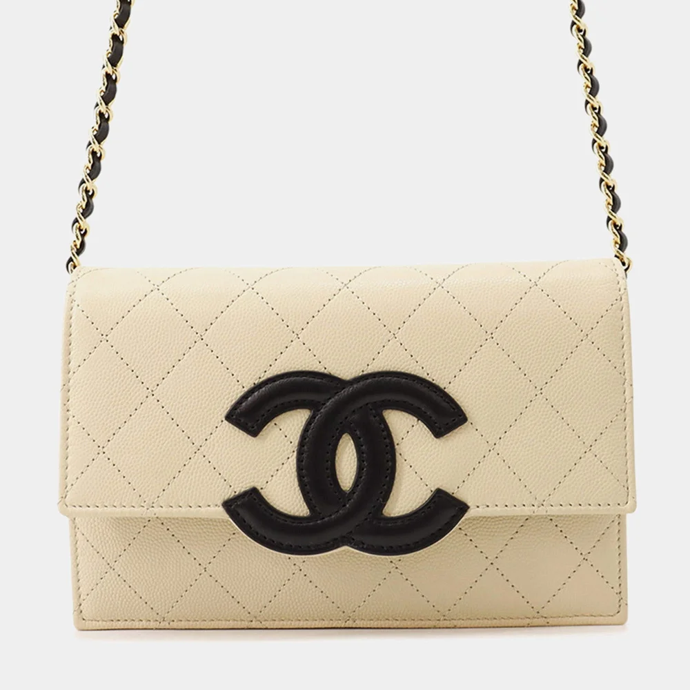 CC Logo Chain Wallet Beige/BlackAP5455 Caviar Leather