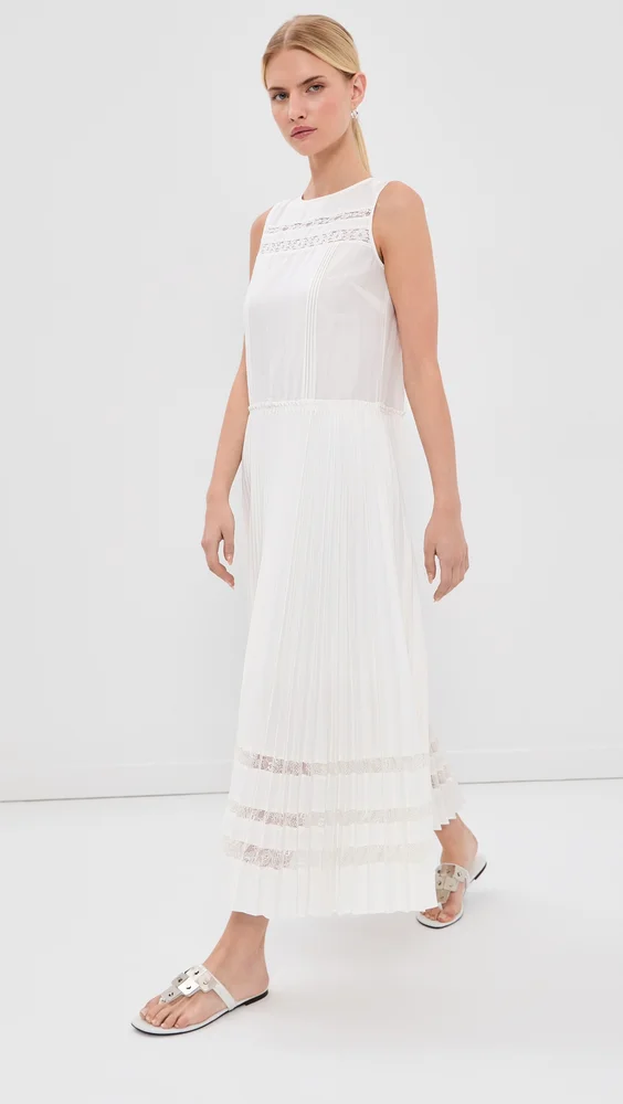 Pleated A-Line Lace Midi Dress