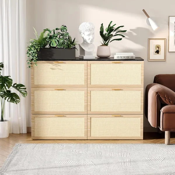Queen Size Rattan Murphy Bed With Storage Drawer