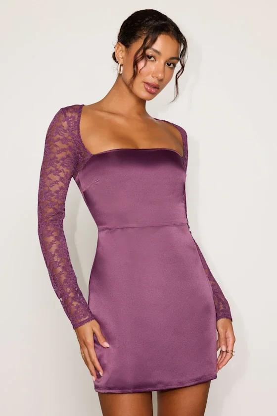 Prettiest Behavior Purple Satin Lace Long Sleeve Mini Dress