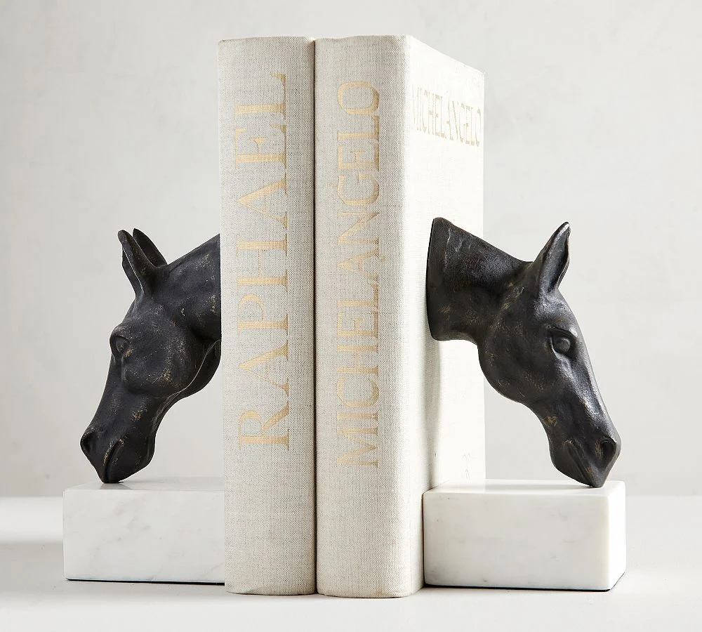 Bronze Horse & Marble Bookends, Set of 2