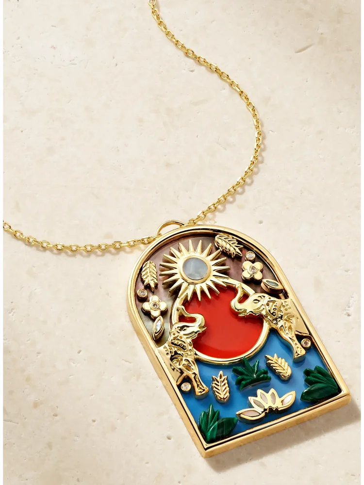 Noah's Arch Elephant 18-karat gold multi-stone pendant necklace