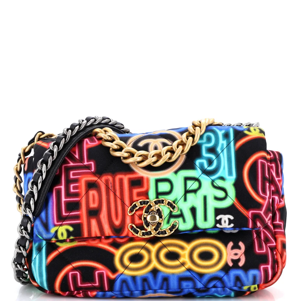 Pre-Owned Chanel 19 Flap Bag Quilted Graffiti Print Fabric Medium