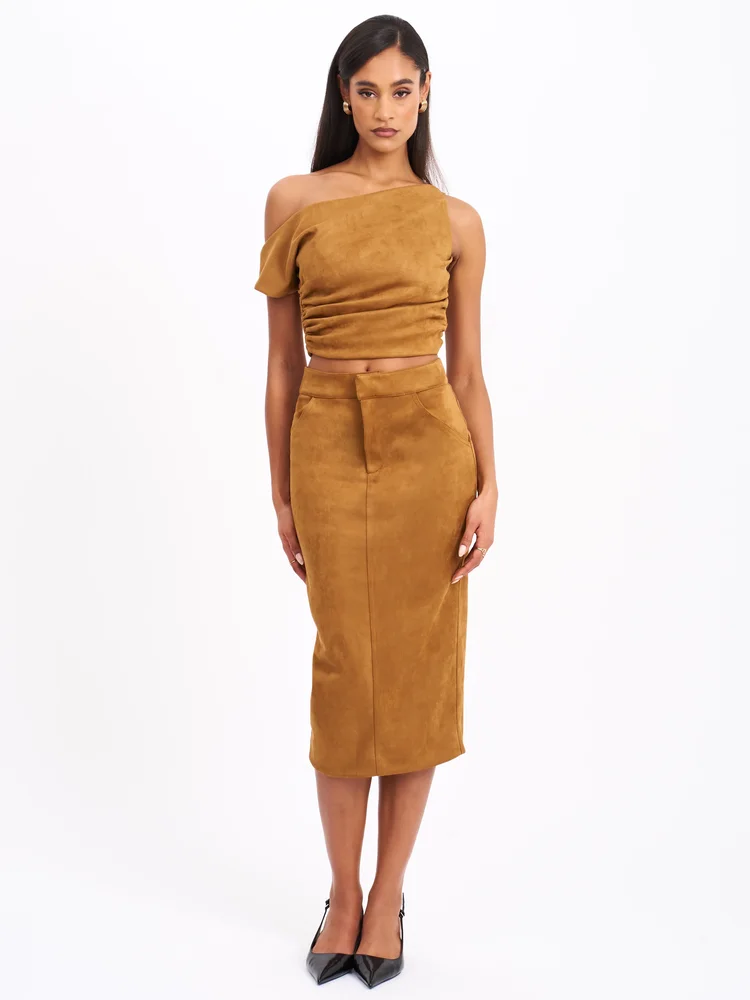 Zabrina Brown Suede Straight Pencil Skirt (Archive Sale)