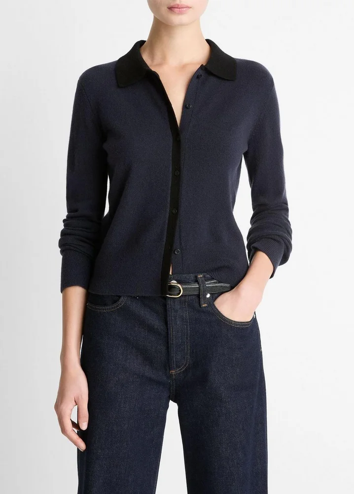 Contrast-Trim Wool & Cashmere-Blend Collared Cardigan