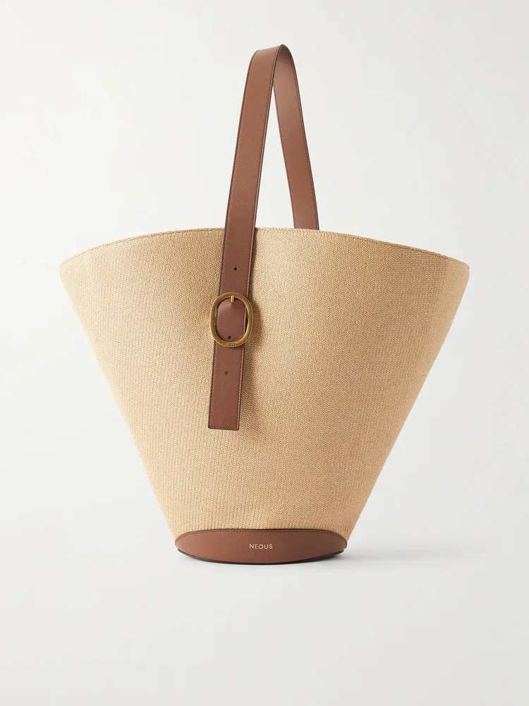 Apheli leather-trimmed raffia shoulder bag