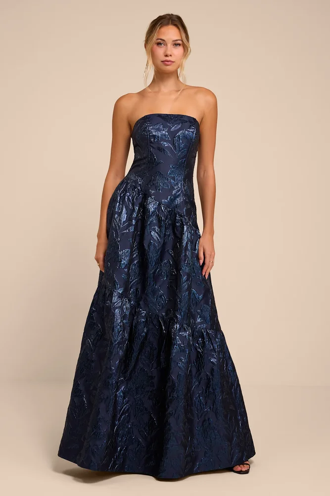 Regency Navy Blue Jacquard Strapless Maxi Dress