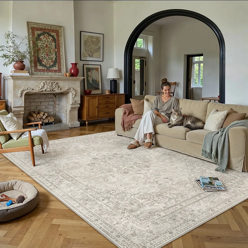 Selra Vintage Distressed Medallion Washable Area Rug with Non-Slip Backing