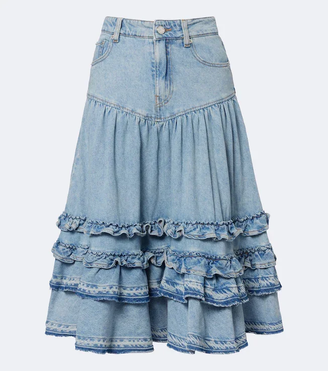Ruffled denim midi skirt