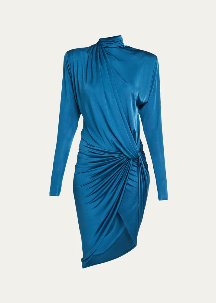 Strong-Shoulder Draped Jersey Long-Sleeve Dress