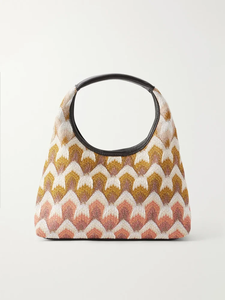 Leather-trimmed metallic crochet-knit mini tote