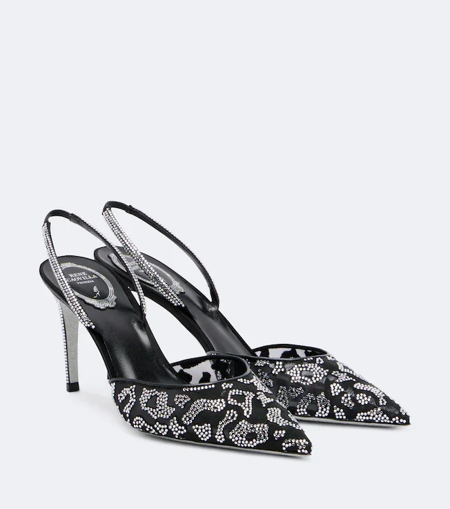 Embellished mesh slingback pumps