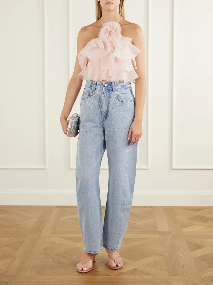 . Villa ruffled flower-detailed organza tank