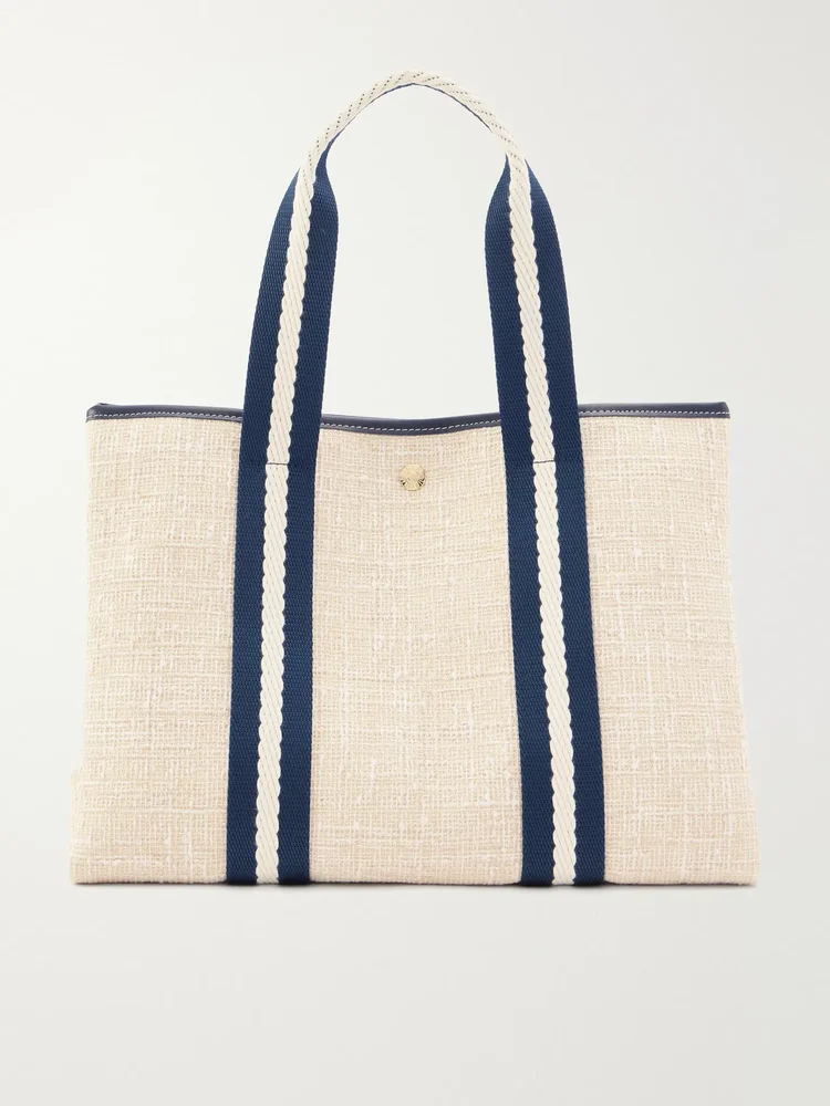 Traversée medium leather and webbing-trimmed tweed tote