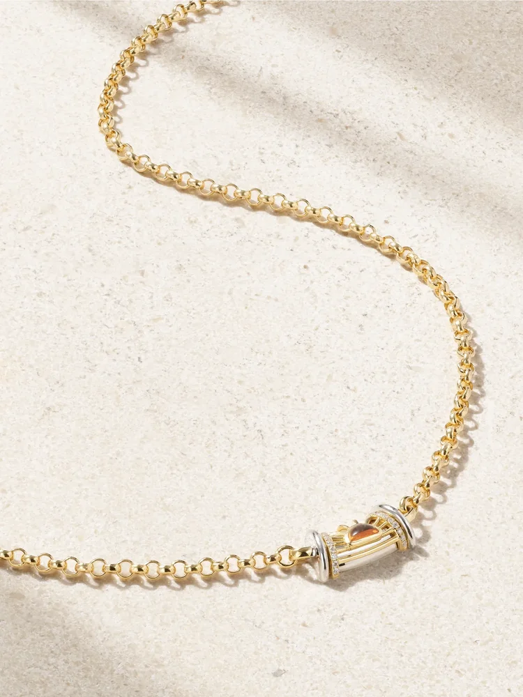 Warrior Dawn 18-karat yellow and rhodium-plated white gold, garnet and diamond necklace