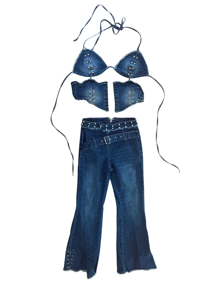 Fashion Nova - Showing Off Denim Pant Set Blue Wash - XS