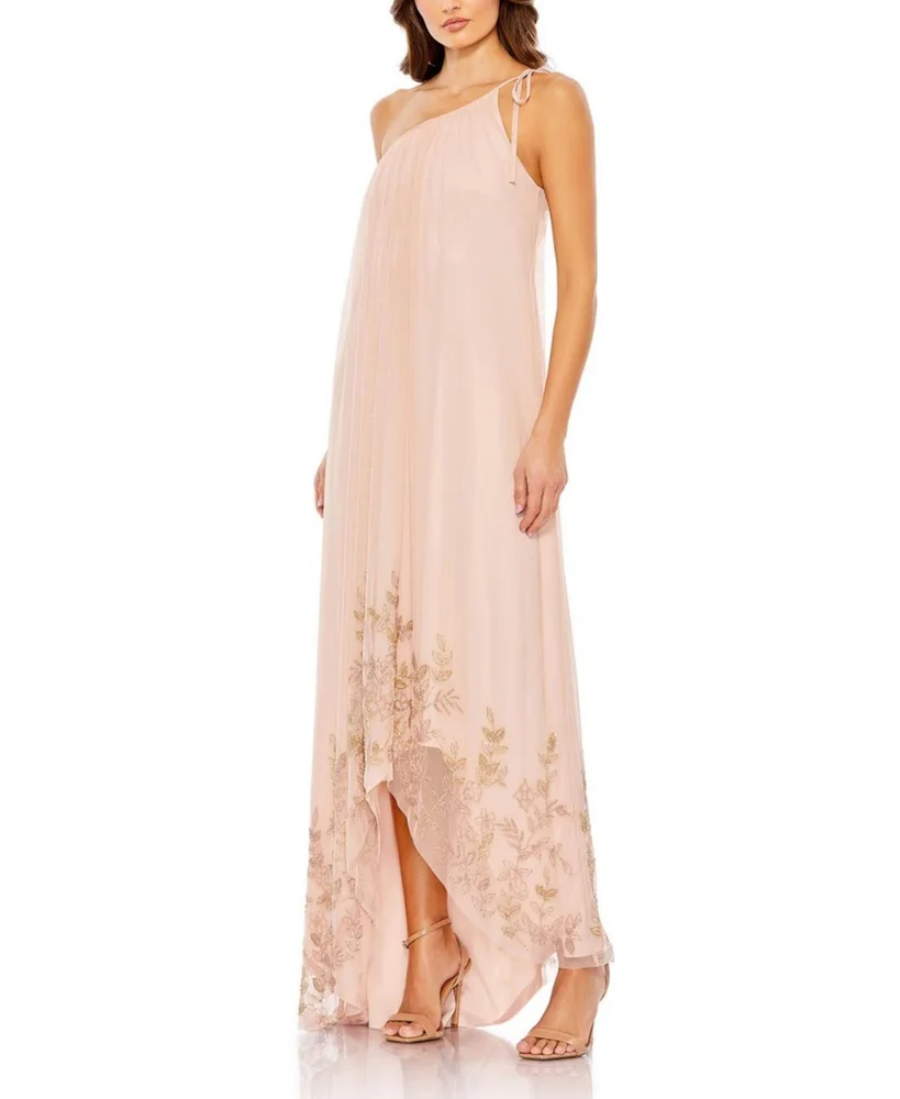 Flowy One Shoulder Asymmetrical Beaded Gown