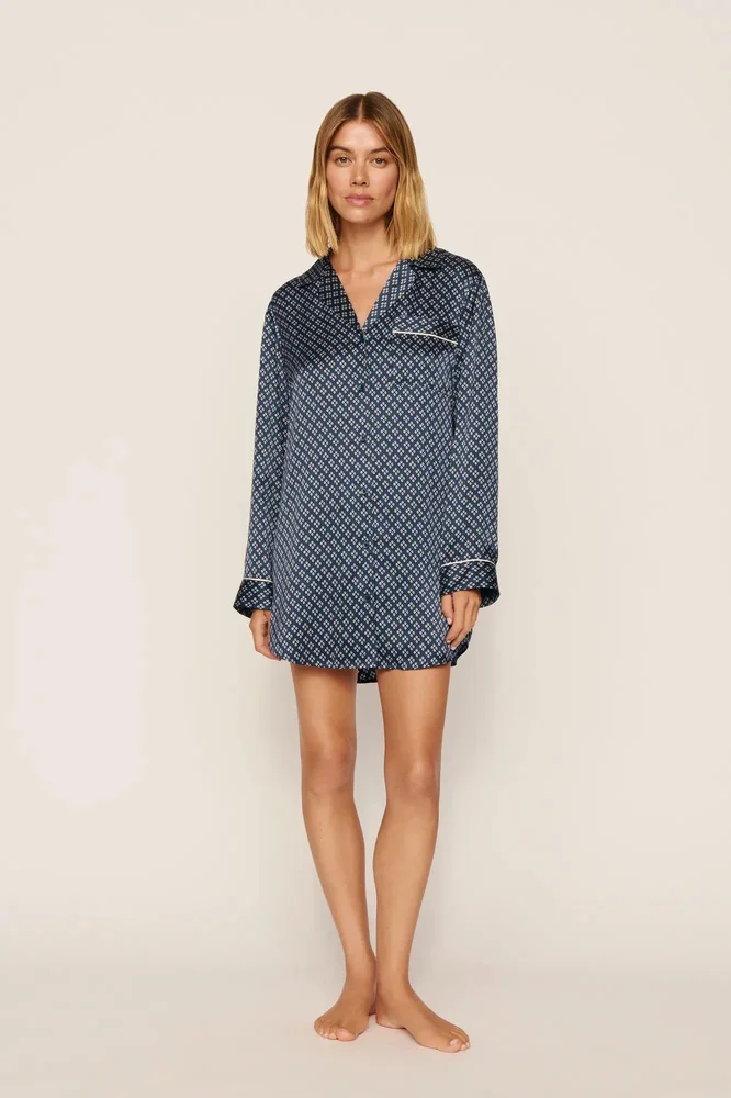 Inez Washable Silk Printed Sleepshirt, Petite Batik Indigo/Bone