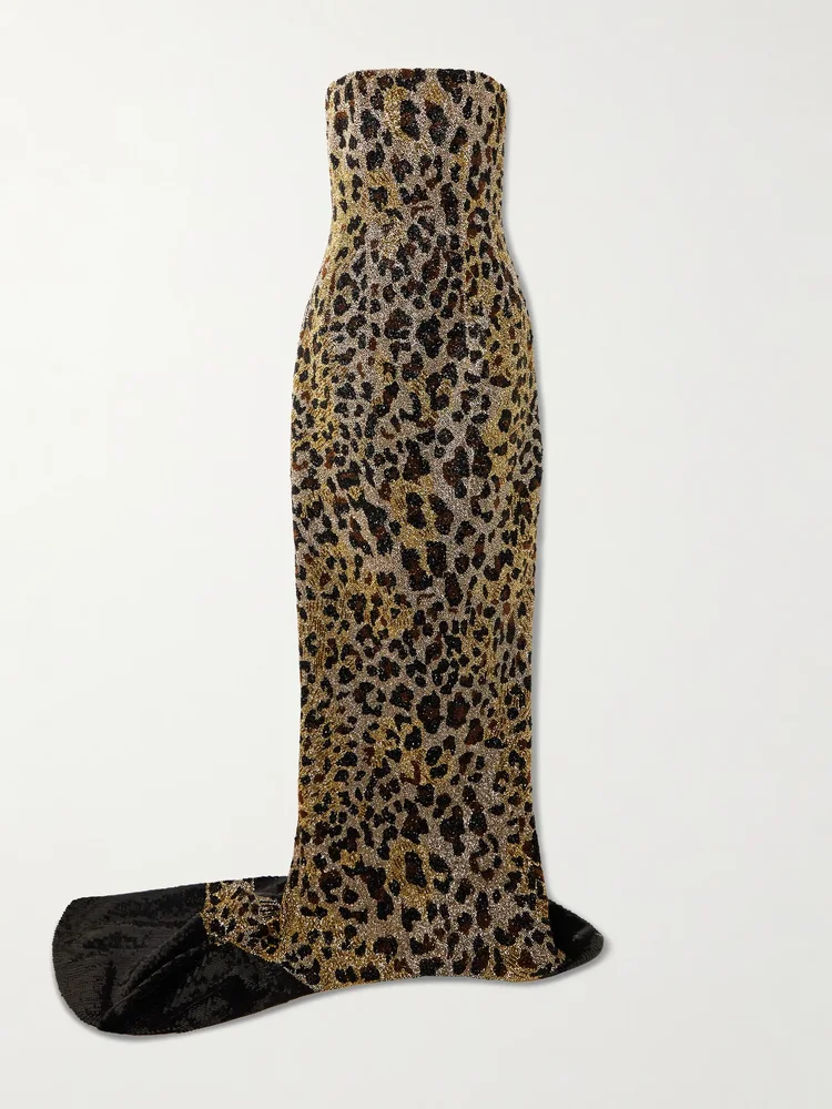 Naomi strapless embellished leopard-print satin gown