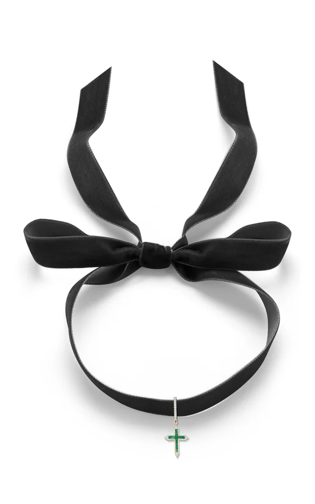 14K Yellow Gold Emerald and Diamond Cross Velvet Necklace