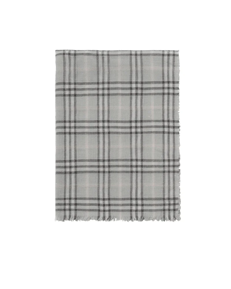 Wide Embellished Check Wool Silk Blend Scarf
