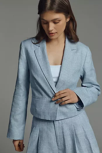 Maeve Boxy Plaid Crop Blazer