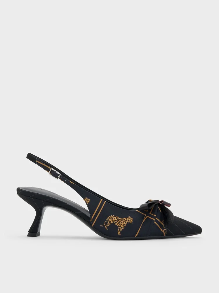 Satin Printed-Bow Pointed Slingback Pumps, Black Textured