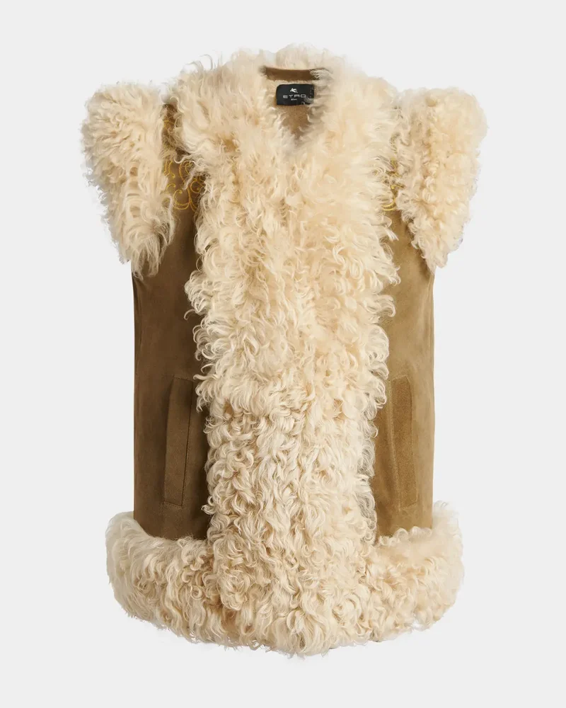 Peacock Embroidered Lamb Shearling Vest