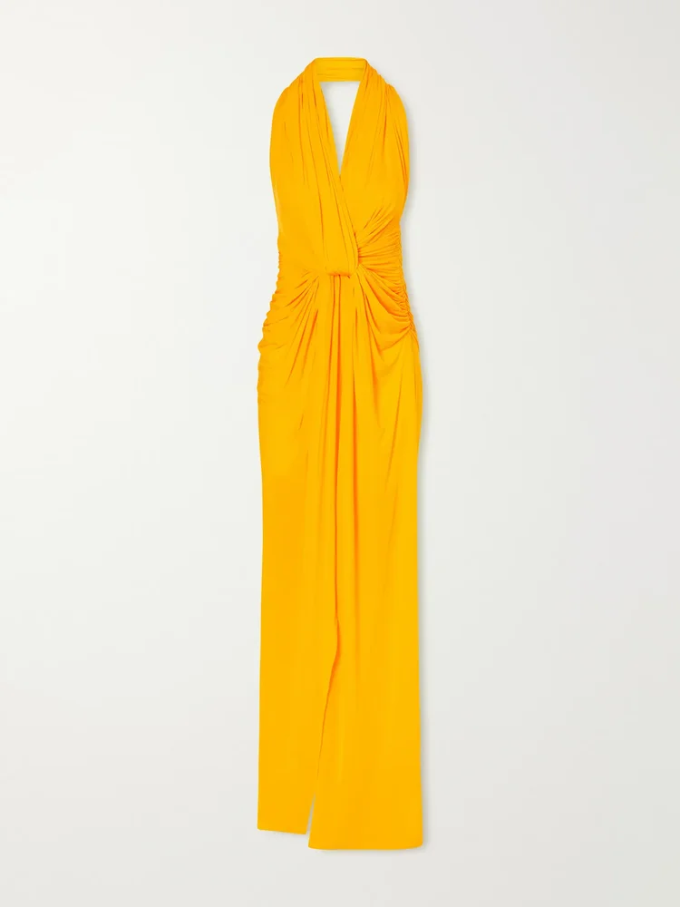 Halterneck ruched jersey gown