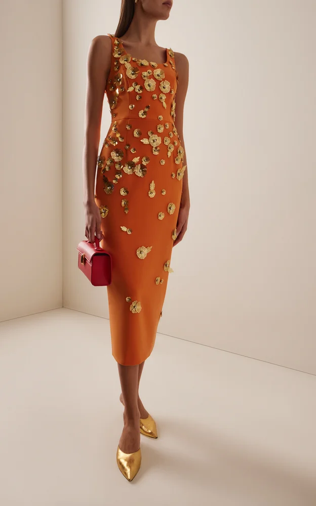 Embroidered Crepe Midi Dress