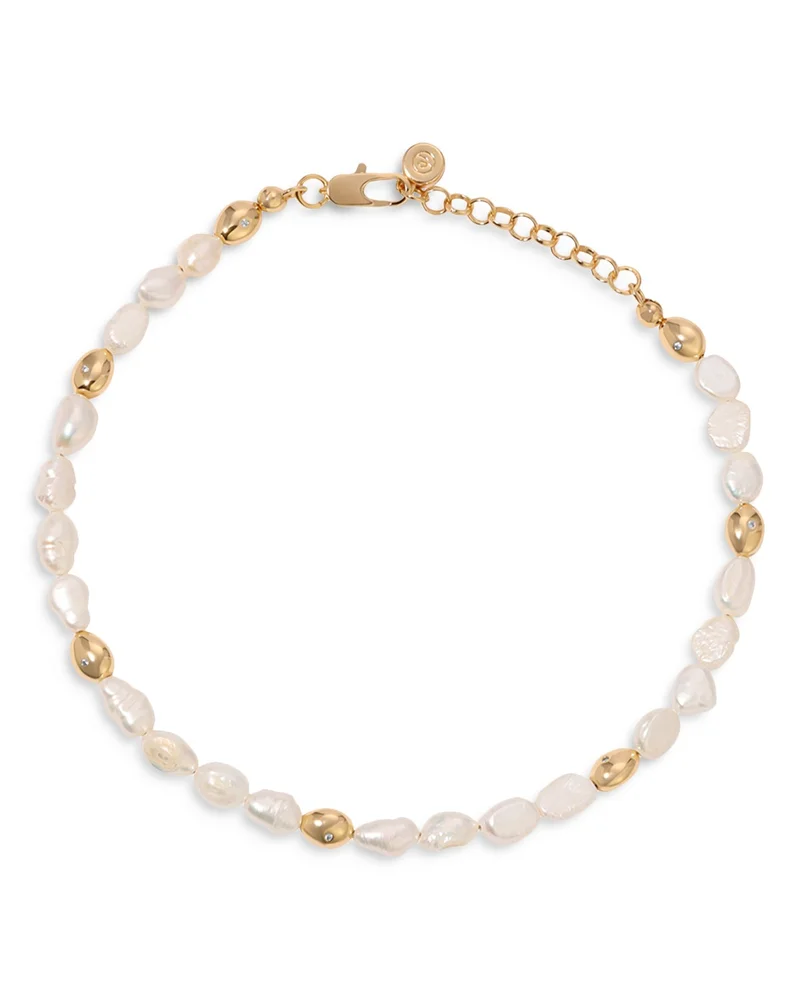 Pavé & Cultured Freshwater Pearl Polished Pebble Beaded Ankle Bracelet in 18K Gold Plated
