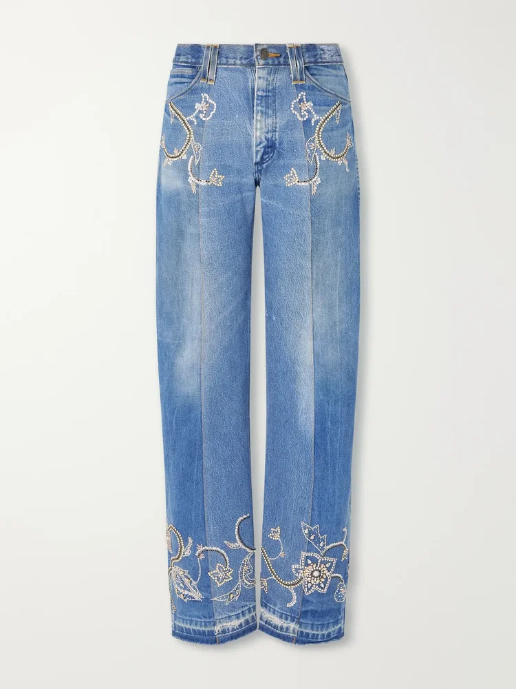 Straight-Leg Distressed Bead-Embellished Jeans