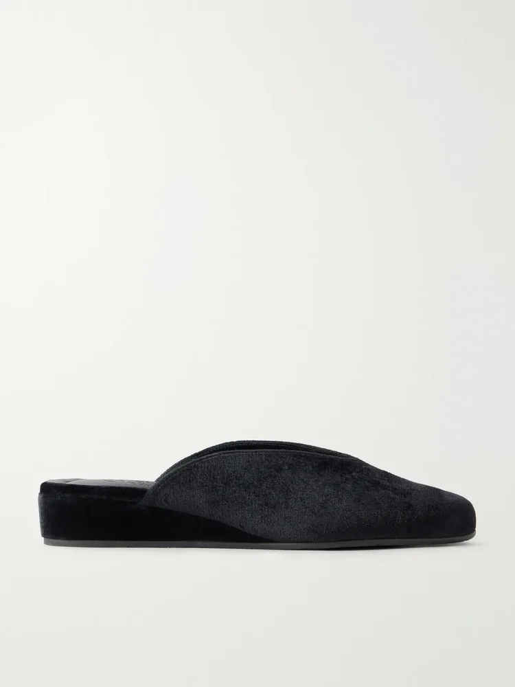 Velvet wedge mules