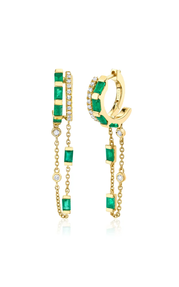 18K Yellow Gold Mixed Diamond And Emerald Earrings
